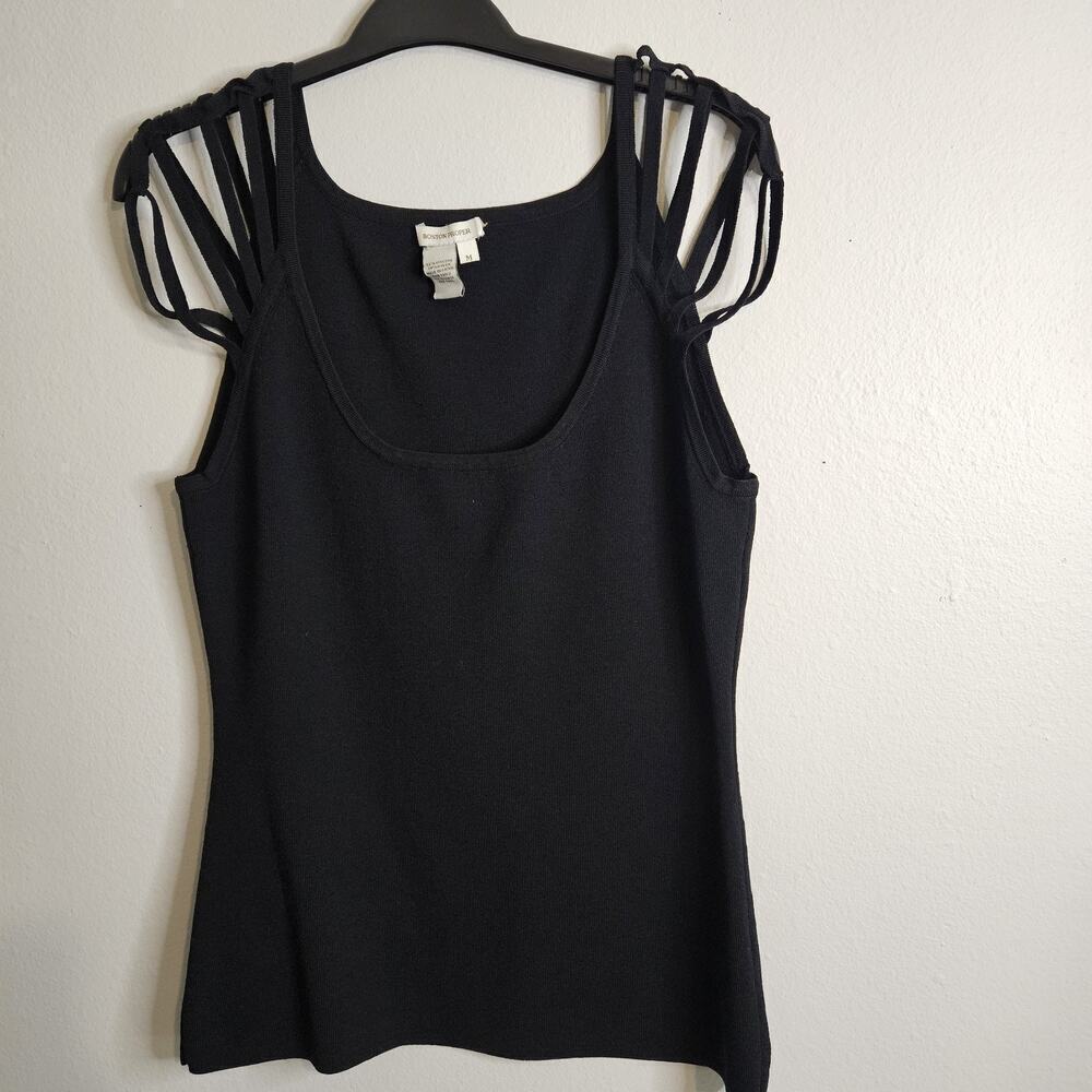 Boston Proper Sleeveless Strappy Shoulder Top Black Stretch Knit Sexy Size M LN